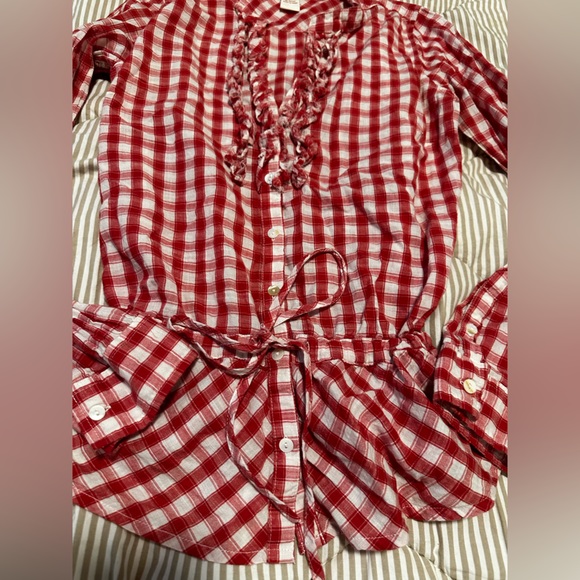 Sundance Blouse XS Red Plaid Check Prairie V Neck Button Front Flannel - Picture 4 of 6